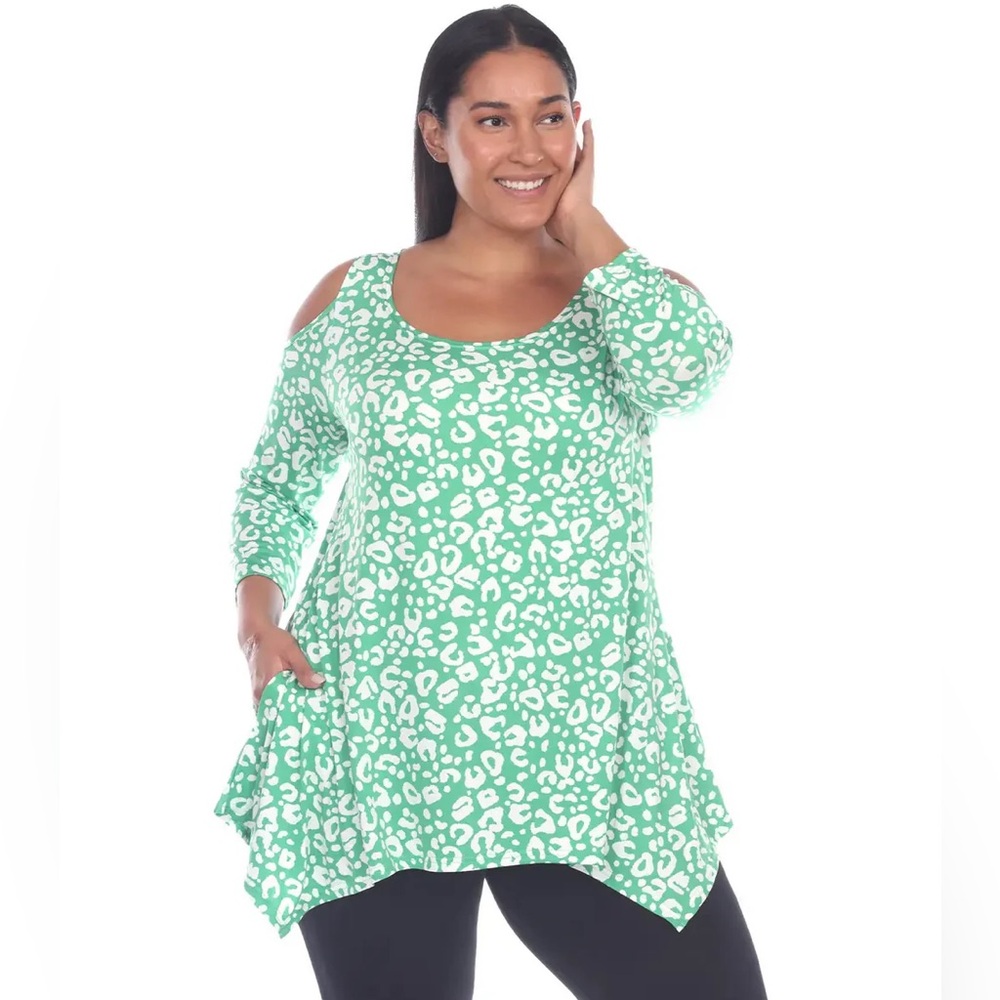 White Mark Green Leopard Cold Shoulder Blouse 3XL